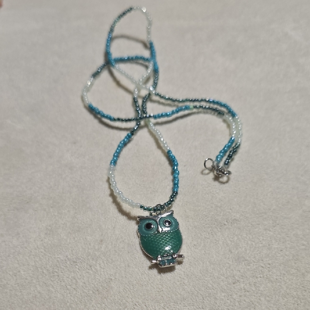 Silver and Green Owl Pendant Necklace